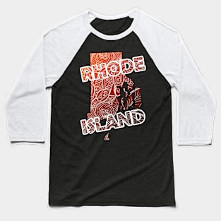 Colorful mandala art map of Rhode Island with text in brown and orange Baseball T-Shirt